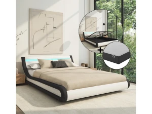 MB Muebles Bonitos Cama de matrimonio con Canapé y Colchón 140x190cm en Blanco y Negro con LED Parisina