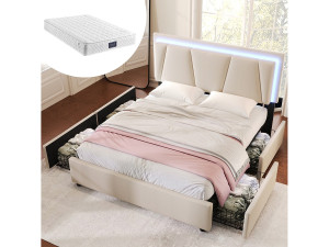 Merax Bed 160 x 200 cm met verstelbaar hoofdeinde - 4 laden - LED's - lattenbodem - kleur beige + matras