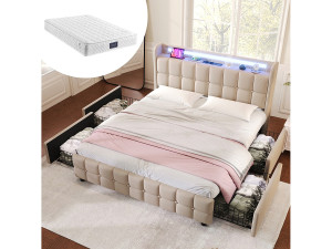 Merax Gewatteerd bed voor volwassenen 140 x 200 cm met 4 laden - USB + LED's - linnen stof - beige + matras
