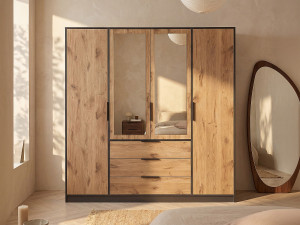 Vente-unique Kast met 4 deuren en 3 lades - Met spiegels - L196 cm - Kleuren: houtlook en zwart - LAMIKI