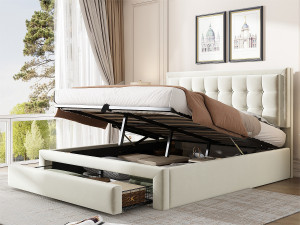 ModernLuxe Gewatteerd opbergbed 140x190cm in fluweel - met lade en lattenbodem - Beige (zonder matras)