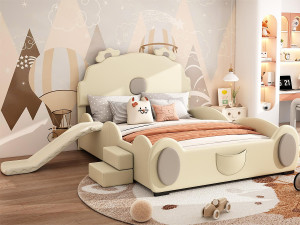 ModernLuxe Kunstleren kinderbed 140x200 cm - met glijbaan en ladder - Beige
