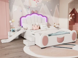 ModernLuxe Cama de criança em pele sintética 140x200 cm - com escorrega e escada - com LED e comando - Rosa