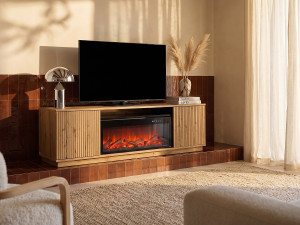 Vente-unique Tv-meubel met 2 deuren van mdf met schoorsteeneffect met ledverlichting - Naturel en zwart - YEVINA
