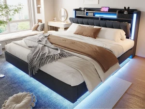 ModernLuxe Cama acolchoada 160x200cm - Cabeceira multifuncional - con luz LED e porta USB - design flutuante - Cinza