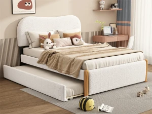 ModernLuxe Cama estofada em pelúcia 140x200cm - com gavetão extraível - com base de ripas de MDF - Branco