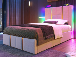 ModernLuxe Opbergbed 90x200 cm gestoffeerd in linnen stof - met LED-verlichting en oplaadfunctie - met lattenbodem - Beige