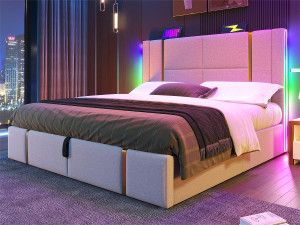 ModernLuxe Opbergbed 140x200 cm gestoffeerd in linnen stof - met LED-verlichting en oplaadfunctie - met lattenbodem - Beige
