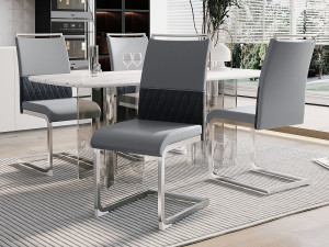 Merax Set van 4 eetkamerstoelen - Linnen en PU leer - Metalen poten - Grijs - BLITZ