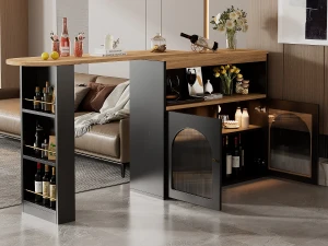 Merax Armário bar giratório - 2 portas, 3 prateleiras de armazenamento e nicho - Tampo com efeito madeira MDF - LEDs - Natural e preto