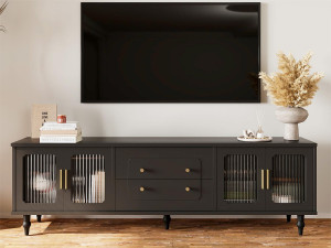 ModernLuxe Modern TV-meubel - met rotan deuren en 2 lades - metalen poten - Zwart