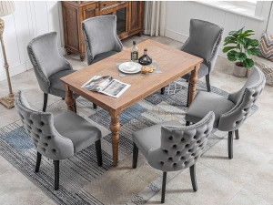 Merax Set van 6 eetkamerstoelen - Fluweel en massief hout - Achterkant ruitpatroon - Grijs en zwart