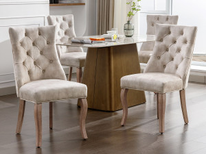 Merax Set van 4 eetkamerstoelen - Fluweel en massief hout - Achterkant ruitpatroon - Lichtbeige