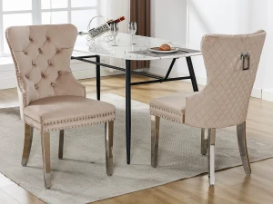 Merax Conjunto de 2 cadeiras para sala de jantar - Veludo e metal - Costas com padrão diamante - Bege