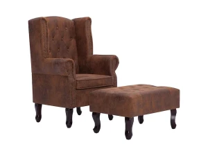 vidaxl Sillón Chesterfield y reposapiés cuero ante artificial marrón