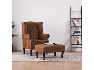 vidaxl Sillón Chesterfield y reposapiés cuero ante artificial marrón