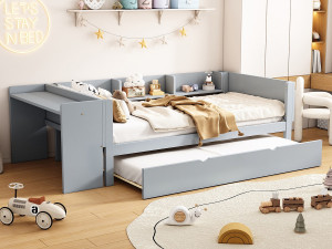 Merax Onderschuifbed 90 x 200 cm + 90 x 180 cm met bureau en 3 planken - massief grenenhout - lattenbodem - grijs