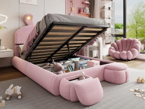 ModernLuxe Cama infantil 140x200 cm acolchoada em veludo - orelha de coelho com LED ajustável - com 2 bancos de arrumação - Rosa