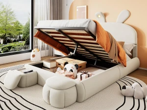 ModernLuxe Cama infantil 140x200 cm acolchoada em veludo - orelha de coelho com LED ajustável - com 2 bancos de arrumação - Bege