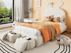 ModernLuxe Cama infantil 90x200 cm acolchoada em veludo - orelha de coelho com LED regulável - com 2 bancos de arrumação - Bege