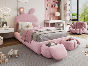 ModernLuxe Kinderbed 90x200 cm bekleed met fluweel - konijnenoor met verstelbare LED - met 2 opbergkrukjes - Roze