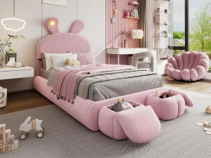 ModernLuxe Cama infantil 90x200 cm acolchoada em veludo - orelha de coelho com LED regulável - com 2 bancos de arrumação - Rosa
