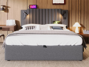 ModernLuxe Opbergbed 180x200cm in katoenen stof - met leeslampjes en USB-oplaadpoorten - met lattenbodem - Grijs