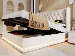 ModernLuxe Gewatteerd opbergbed 140 x 200 cm in katoenen stof - met oplaadfunctie en LED aan het voeteneinde - Beige