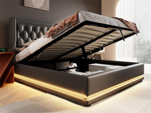 ModernLuxe Gewatteerd opbergbed 160 x 200 cm in kunstleer - met oplaadfunctie en LED aan het voeteneinde - Zwart