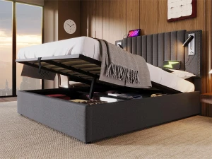 ModernLuxe Cama de arrumação 140x200cm em tecido de algodão - com luzes de leitura e portas de carregamento USB - com base de ripas - Cinzento