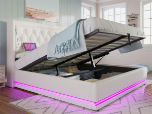 ModernLuxe Gewatteerd opbergbed 140 x 200 cm in kunstleer - met oplaadfunctie en LED aan het voeteneinde - Wit