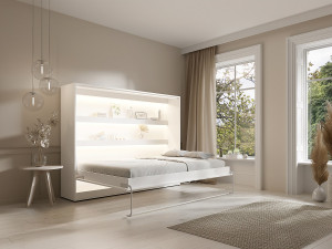 Vente-unique Opklapbaar bed 140 x 200 cm - Verticale handmatige opening - Met ledverlichting - Wit + matras - RAPILI