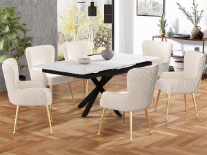 ModernLuxe Set van 6 Velvet stoelen - met armleuningen en goud metalen poten - Beige & Goud