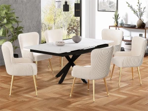 ModernLuxe Conjunto de 6 cadeiras em veludo - com braços e pernas em metal dourado - Bege e Dourado