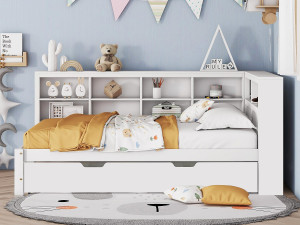 ModernLuxe Slaapbank 140x200 cm met een onderschuifbed van 90x190 cm - met USB en meerdere opbergruimtes - in massief hout - Wit