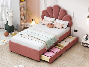 ModernLuxe Fluweel gestoffeerd eenpersoonsbed met 2 lades - 90x200cm - bloemvormig hoofdeinde - met lattenbodem - Rood