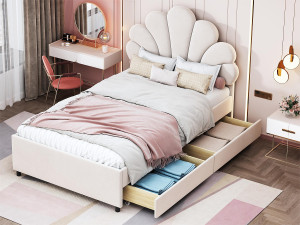 ModernLuxe Fluweel gestoffeerd eenpersoonsbed met 2 lades - 90x200cm - bloemvormig hoofdeinde - met lattenbodem - Beige