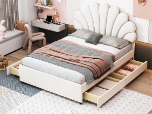 ModernLuxe Cama de casal estofada em veludo com 4 gavetas - 140x200cm - cabeceira em forma de flor - com base de ripas - Bege