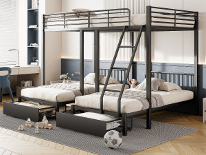 ModernLuxe Stapelbed voor 3 kinderen met 2 lades - 140x200cm en 2x90x200cm - matrasframe - Zwart (matras niet inbegrepen)