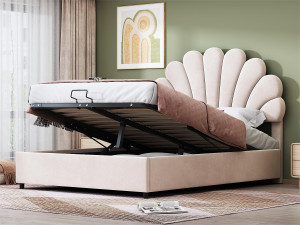 ModernLuxe Fluweel gewatteerd opbergbed - 140x200cm - bloemvormig hoofdeinde - met lattenbodem - Beige
