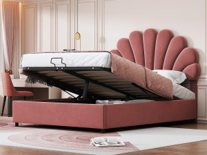 ModernLuxe Fluweelzacht opbergbed - 140x200 cm - hoofdeinde in bloemvorm - met lattenbodem - Roze