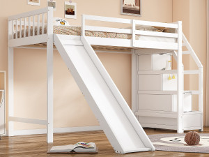 Merax Hoogslaper 90 x 200 cm met 3 lades en glijbaan - grenenhout + MDF - lattenbodem - wit