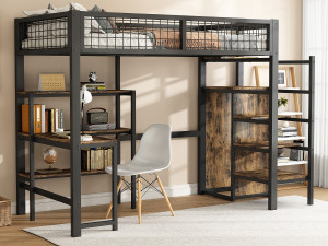 Merax Hoogslaper 90 x 200 cm met bureau, planken en kledingkast - Metaal + MDF - Lattenbodem - zwart + bruin