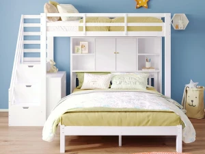 ModernLuxe Beliche infantil 90x200 cm + 140x200 cm - com escada de arrumação e secretária amovível - em madeira maciça e MDF - Branco