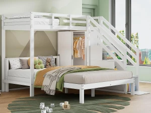 ModernLuxe Beliche infantil 90x200 cm + 140x200 cm - com roupeiro e escada de arrumação - em madeira maciça e MDF - Branco