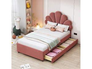 Merax Fluweel gestoffeerd bed 90 x 200 cm met 4 lades - bloemvormig hoofdeinde - roze