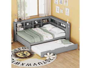 Merax Onderschuifbed 140 x 200 cm + 90 x 190 cm met USB-aansluiting en opbergruimte - massief hout - grijs