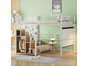 Merax Mezzaninebed 140 x 200 cm met opbergkast en veiligheidstrap - metaal en hout - wit