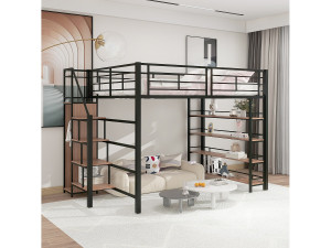 Merax Hoogslaper 140 x 200 cm met opbergplanken en kleine kledingkast - metalen frame - zwart