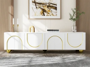 ModernLuxe Móvel de TV moderno - com prateleiras ajustáveis ​​- em aglomerado - Branco e Dourado